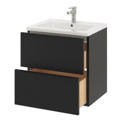 Meuble sous vasque suspendu l.60 x H.60 x P.45 cm, noir mat, GoodHome Imandra