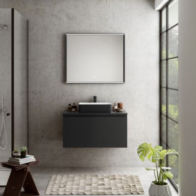 Meuble sous vasque suspendu l.90 x H.46,5 x P.50,5 cm, noir mat, pour évacuation centrale, Pura+
