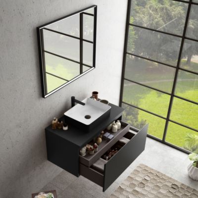 Meuble sous vasque suspendu l.90 x H.46,5 x P.50,5 cm, noir mat, pour évacuation centrale, Pura+