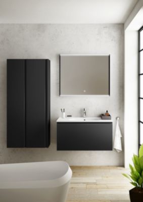 Meuble sous vasque suspendu l.90 x H.46,5 x P.50,5 cm, noir mat, pour évacuation centrale, Pura+