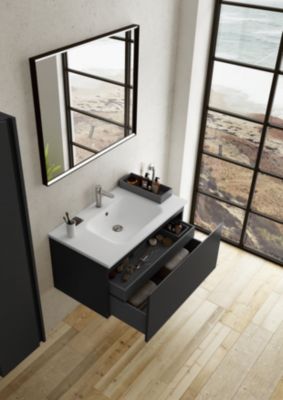 Meuble sous vasque suspendu l.90 x H.46,5 x P.50,5 cm, noir mat, pour évacuation centrale, Pura+