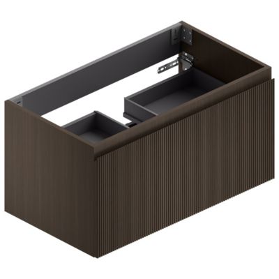 Meuble sous vasque suspendu l.90 x H.46,5 x P.50,5 cm, placage noyer strié, évacuation centrale, Pura+