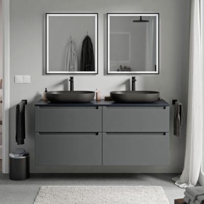 Meuble sous vasque suspendu MDF Anthracite mat, plan vasque Bleu nuit mat, tiroirs pivotants - 140x46x62cm - VIREO