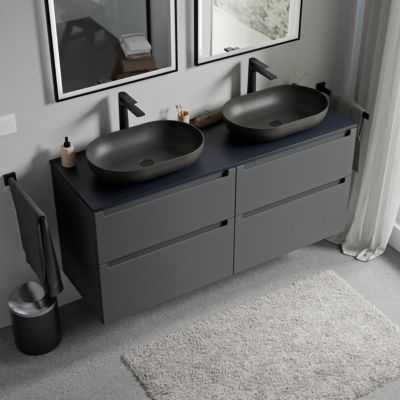 Meuble sous vasque suspendu MDF Anthracite mat, plan vasque Bleu nuit mat, tiroirs pivotants - 140x46x62cm - VIREO