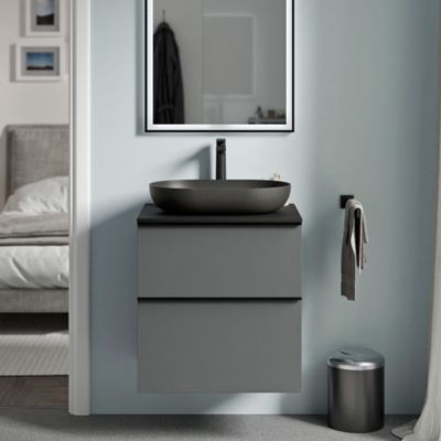 Meuble sous vasque suspendu MDF Anthracite mat, plan vasque Noir mat, poignée Chrome - 60x46x62cm - LAVOA
