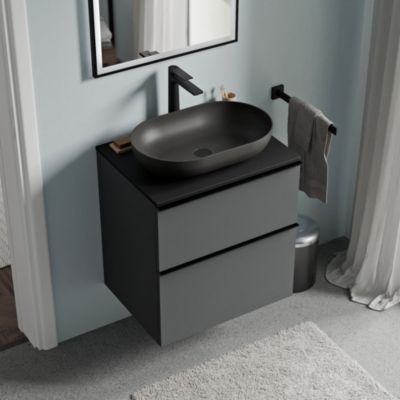 Meuble sous vasque suspendu MDF Anthracite mat, plan vasque Noir mat, poignée Chrome - 60x46x62cm - LAVOA