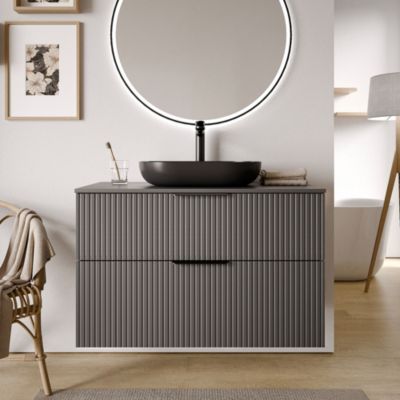 Meuble sous vasque suspendu MDF Anthracite mat strié 100x46x62cm, Plan lavabo Chêne gris + 2 tiroirs poignée Chrome - TIM100