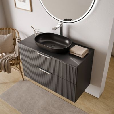 Meuble sous vasque suspendu MDF Anthracite mat strié 100x46x62cm, Plan lavabo Chêne gris + 2 tiroirs poignée Chrome - TIM100