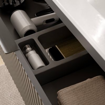 Meuble sous vasque suspendu MDF Anthracite mat strié 100x46x62cm, Plan lavabo Chêne gris + 2 tiroirs poignée Chrome - TIM100