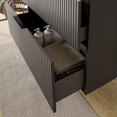 Meuble sous vasque suspendu MDF Anthracite mat strié 100x46x62cm, Plan lavabo Chêne gris + 2 tiroirs poignée Chrome - TIM100