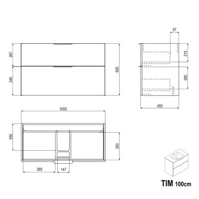 Meuble sous vasque suspendu MDF Anthracite mat strié 100x46x62cm, Plan lavabo Chêne gris + 2 tiroirs poignée Chrome - TIM100