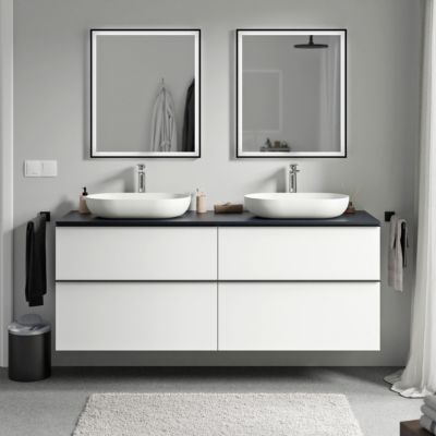 Meuble sous vasque suspendu MDF Blanc mat, plan vasque Bleu nuit mat, poignée Anthracite mat - 160x46x62cm - LAVOA