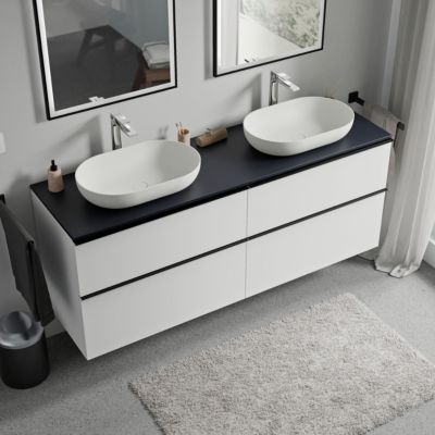 Meuble sous vasque suspendu MDF Blanc mat, plan vasque Bleu nuit mat, poignée Anthracite mat - 160x46x62cm - LAVOA