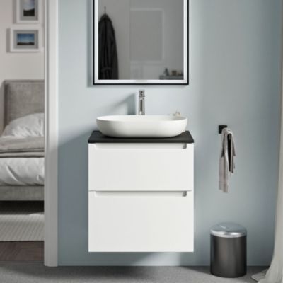 Meuble sous vasque suspendu MDF Blanc mat, plan vasque Noir mat, tiroirs pivotants - 60x46x62cm - VIREO