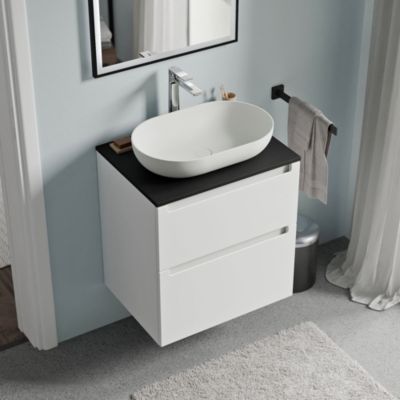 Meuble sous vasque suspendu MDF Blanc mat, plan vasque Noir mat, tiroirs pivotants - 60x46x62cm - VIREO
