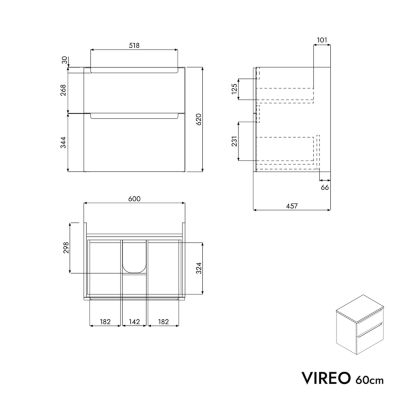 Meuble sous vasque suspendu MDF Blanc mat, plan vasque Noir mat, tiroirs pivotants - 60x46x62cm - VIREO