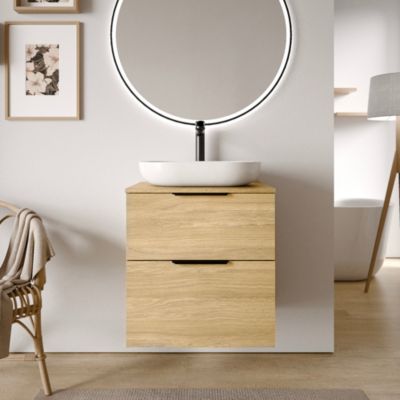 Meuble sous vasque suspendu MDF Chêne gris 60x46x62cm 2 tiroirs, Plan lavabo Blanc brillant + poignée Chrome - TIM60