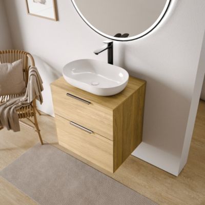 Meuble sous vasque suspendu MDF Chêne gris 60x46x62cm 2 tiroirs, Plan lavabo Blanc brillant + poignée Chrome - TIM60
