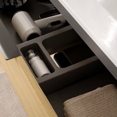 Meuble sous vasque suspendu MDF Chêne gris 60x46x62cm 2 tiroirs, Plan lavabo Blanc brillant + poignée Chrome - TIM60