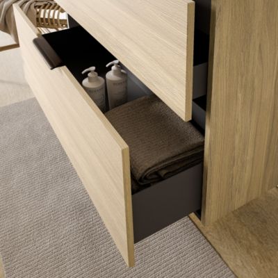 Meuble sous vasque suspendu MDF Chêne gris 60x46x62cm 2 tiroirs, Plan lavabo Blanc brillant + poignée Chrome - TIM60