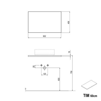 Meuble sous vasque suspendu MDF Chêne gris 60x46x62cm 2 tiroirs, Plan lavabo Blanc brillant + poignée Chrome - TIM60