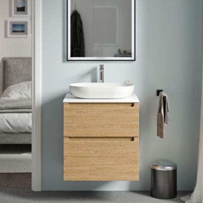 Meuble sous vasque suspendu MDF Chêne miel, plan vasque Blanc mat, tiroirs pivotants - 60x46x62cm - VIREO