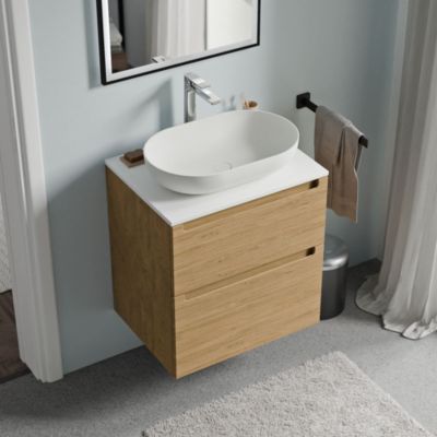 Meuble sous vasque suspendu MDF Chêne miel, plan vasque Blanc mat, tiroirs pivotants - 60x46x62cm - VIREO