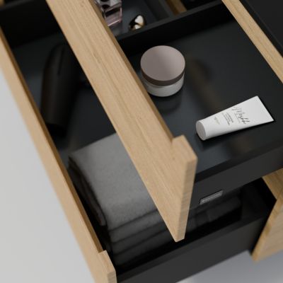Meuble sous vasque suspendu MDF Chêne miel, plan vasque Blanc mat, tiroirs pivotants - 60x46x62cm - VIREO