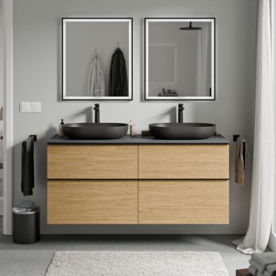 Meuble sous vasque suspendu MDF Chêne miel, plan vasque & poignée Anthracite mat - 140x46x62cm - LAVOA