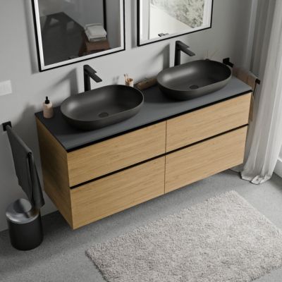 Meuble sous vasque suspendu MDF Chêne miel, plan vasque & poignée Anthracite mat - 140x46x62cm - LAVOA