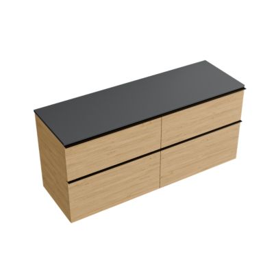 Meuble sous vasque suspendu MDF Chêne miel, plan vasque & poignée Anthracite mat - 140x46x62cm - LAVOA