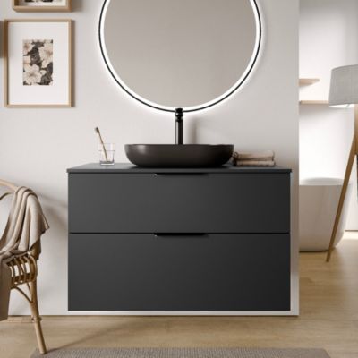 Meuble sous vasque suspendu MDF Noir mat 100x46x62cm, Plan lavabo Noir mat + 2 tiroirs poignée Chrome - TIM100