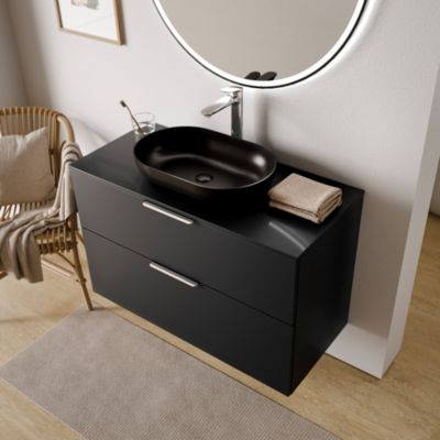 Meuble sous vasque suspendu MDF Noir mat 100x46x62cm, Plan lavabo Noir mat + 2 tiroirs poignée Chrome - TIM100