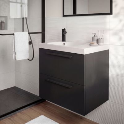 Meuble sous vasque suspendu noir l.60 cm 2 tiroirs Imandra + plan vasque blanc résine Maza, GoodHome