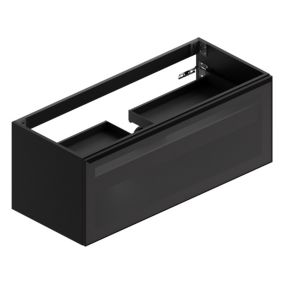 Meuble sous vasque suspendu noir mat et verre fumé l.120 x H.46,5 x P.50,5 cm évacuation centrale, Pura+