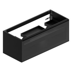 Meuble sous vasque suspendu noir mat et verre fumé l.120 x H.46,5 x P.50,5 cm pour plan double vasque, Pura+