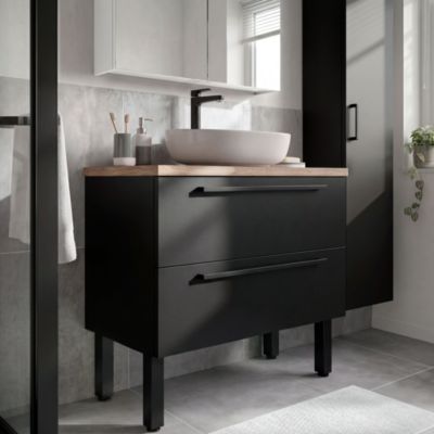 Meuble sous vasque suspendu noir mat l.100 cm 2 tiroirs Imandra + plan de toilette en chêne massif Hartland, GoodHome