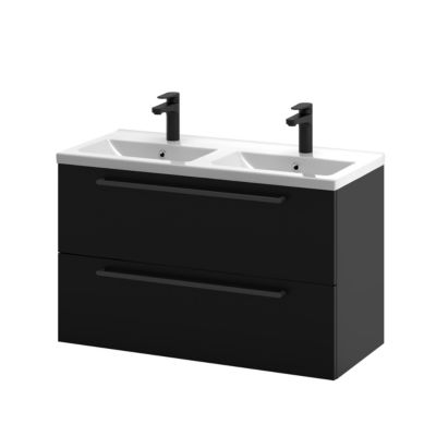 Meuble sous vasque suspendu noir mat l.100 cm 2 tiroirs Imandra + plan double vasque blanc céramique Nira, GoodHome