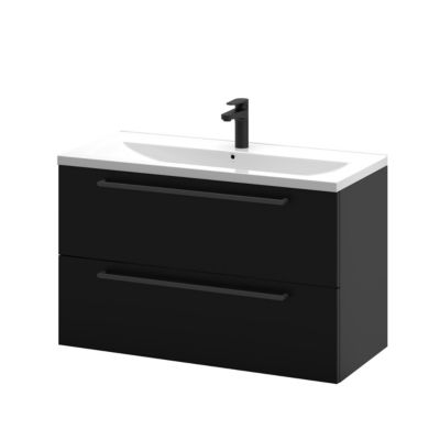 Meuble sous vasque suspendu noir mat l.100 cm 2 tiroirs Imandra + plan vasque blanc céramique Nira, GoodHome