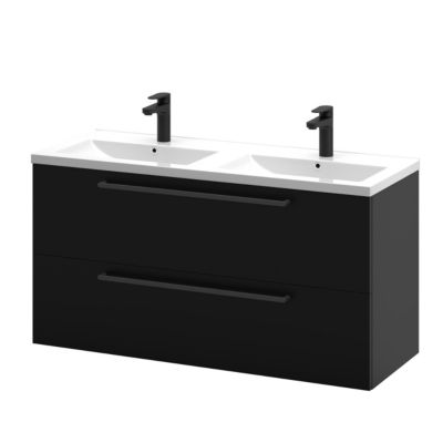 Meuble sous vasque suspendu noir mat l.120 cm 2 tiroirs Imandra + plan double vasque blanc céramique Nira, GoodHome
