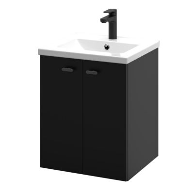 Meuble sous vasque suspendu noir mat l.50 cm 2 portes Imandra + plan vasque blanc céramique Nira, GoodHome