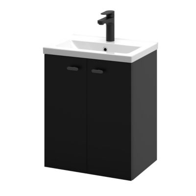 Meuble sous vasque suspendu noir mat l.50 cm 2 portes Imandra + plan vasque faible profondeur blanc céramique Nira, GoodHome