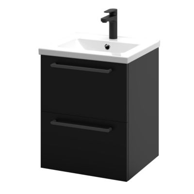 Meuble sous vasque suspendu noir mat l.50 cm 2 tiroirs Imandra + plan vasque blanc céramique Nira, GoodHome