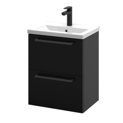 Meuble sous vasque suspendu noir mat l.50 cm 2 tiroirs Imandra + plan vasque faible profondeur blanc céramique Nira, GoodHome