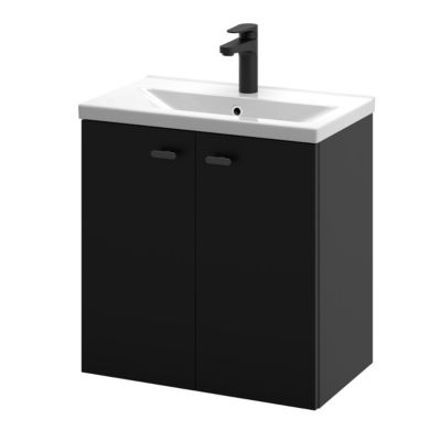 Meuble sous vasque suspendu noir mat l.60 cm 2 portes Imandra + plan vasque faible profondeur blanc céramique Nira, GoodHome