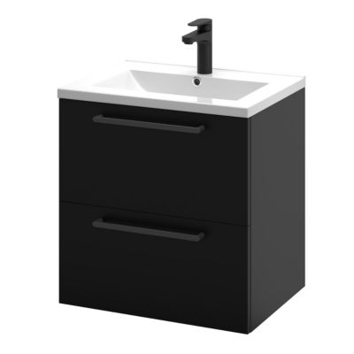 Meuble sous vasque suspendu noir mat l.60 cm 2 tiroirs Imandra + plan vasque blanc céramique Nira, GoodHome