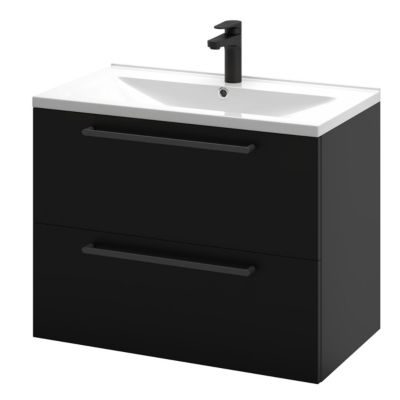 Meuble sous vasque suspendu noir mat l.80 cm 2 tiroirs Imandra + plan vasque blanc céramique Nira, GoodHome