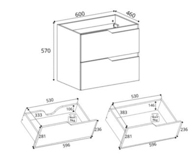 Meuble sous-vasque suspendu pour salle de bain, blanc, 60 x 57 x 46 cm, sans plateau