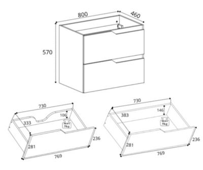 Meuble sous-vasque suspendu pour salle de bain, blanc, 80 x 57 x 46 cm, sans plateau