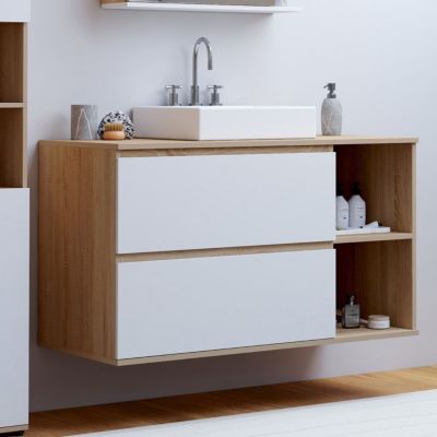 Meuble sous vasque suspendu salle de bain TOMI 2 tiroirs et 2 niches façon hêtre et blanc